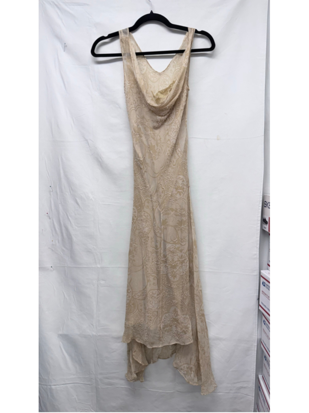 Eci New York Vintage Women's Petite 6P Beige Silk Beaded Dress